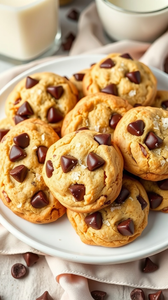 A plate of chocolate chip cookies with flaky sea salt, accompanied by a glass of milk.